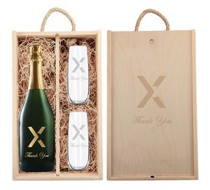 Laser-Engraved Wood Box w/Custom Etched Sparkling Wine Bottle + Flutes