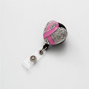 Rhinestone Ribbon Badge Holder - Heart Shape Retractable Id