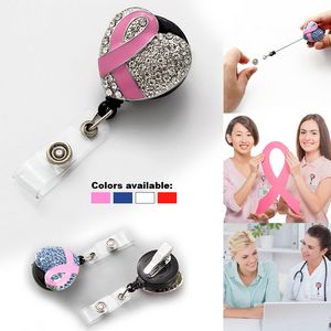 Rhinestone Ribbon Badge Holder - Heart Shape Retractable Id