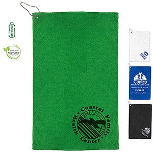 "THE IRON" Recycled RPET 300 GSM Heavy Duty Microfiber Golf Towel with Metal Grommet and Clip - 12"